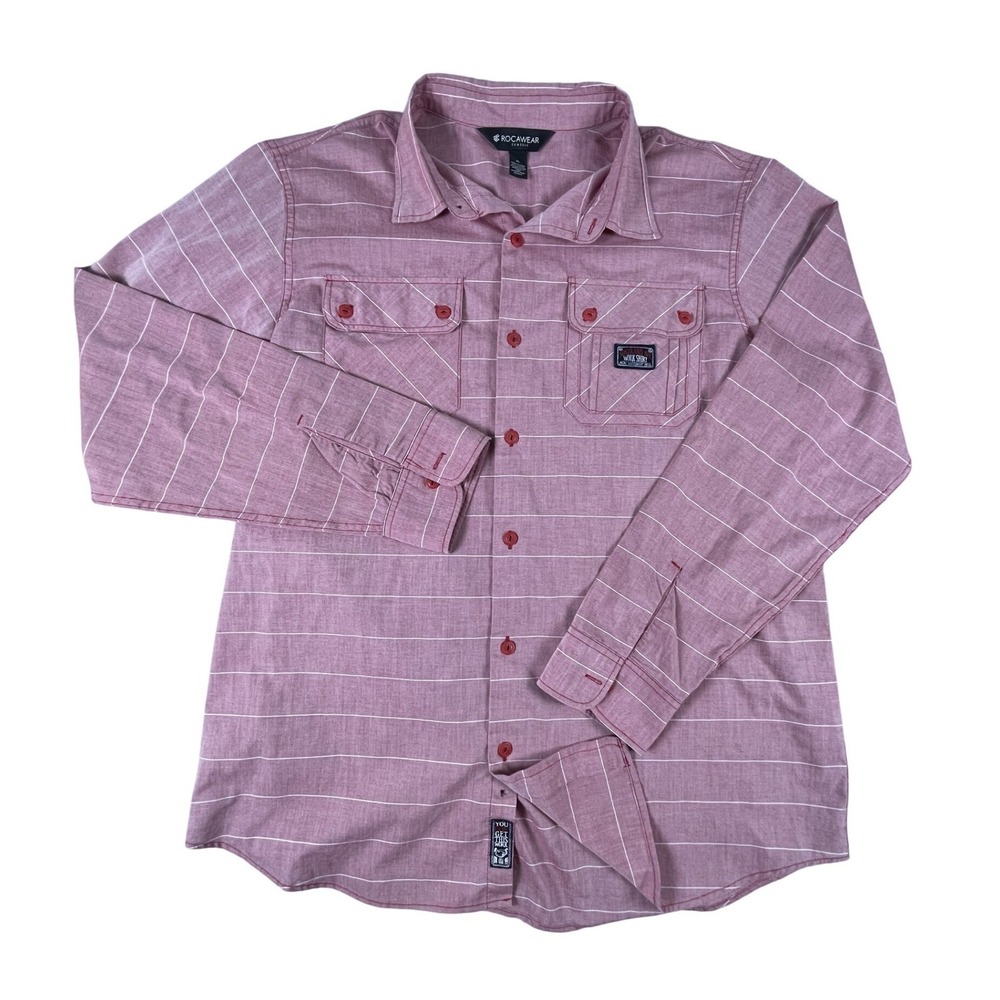 Rocawear Button Down Shirt Mens XL Red Nostrand Ave Work Shirt Horizontal Stripe